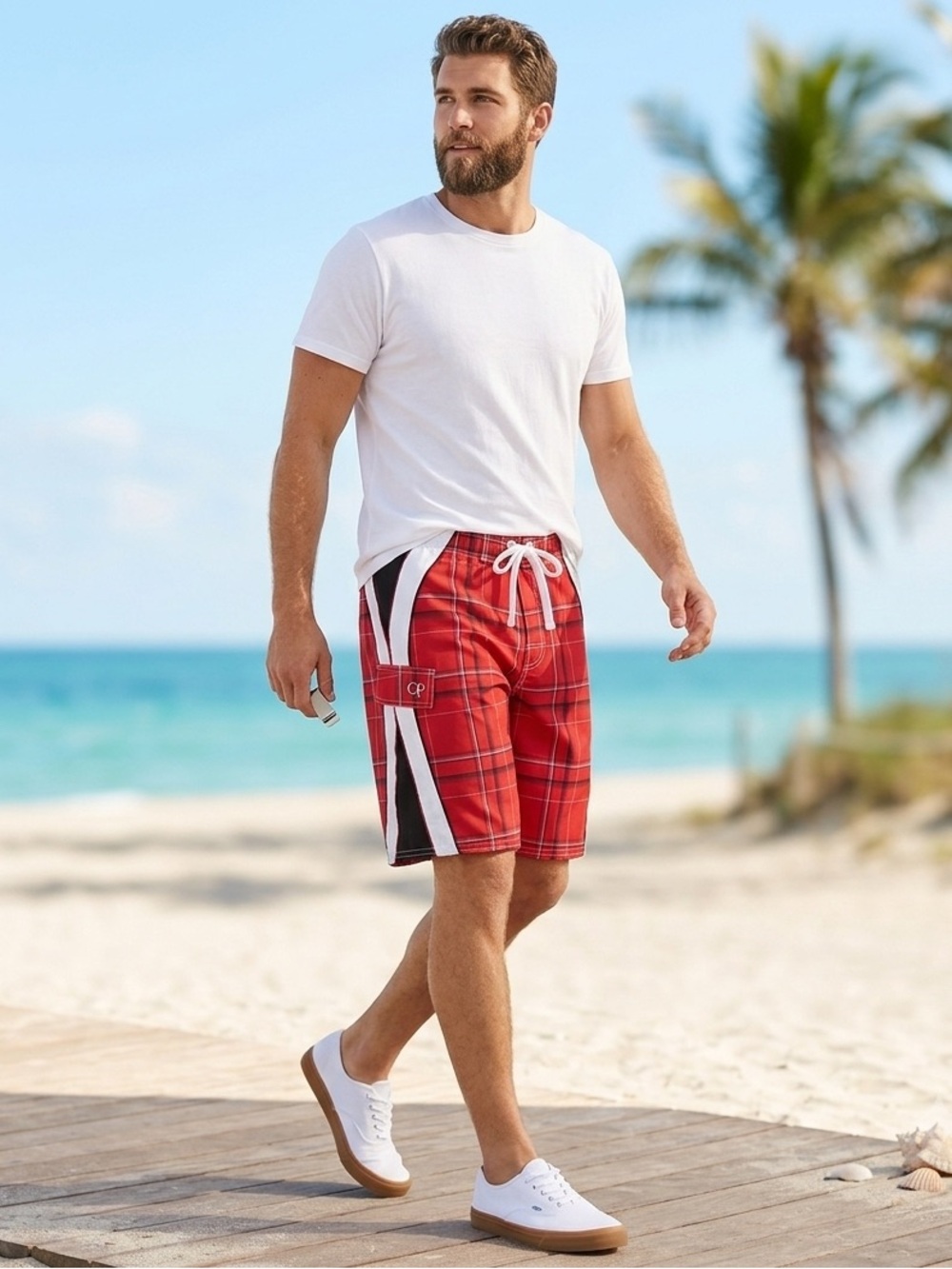 GO FOR A SWIM 🏊 IN OP MEN’S SWIM TRUNKS RED WHITE BLACK BIG PLAID SIZE:L(42-44)